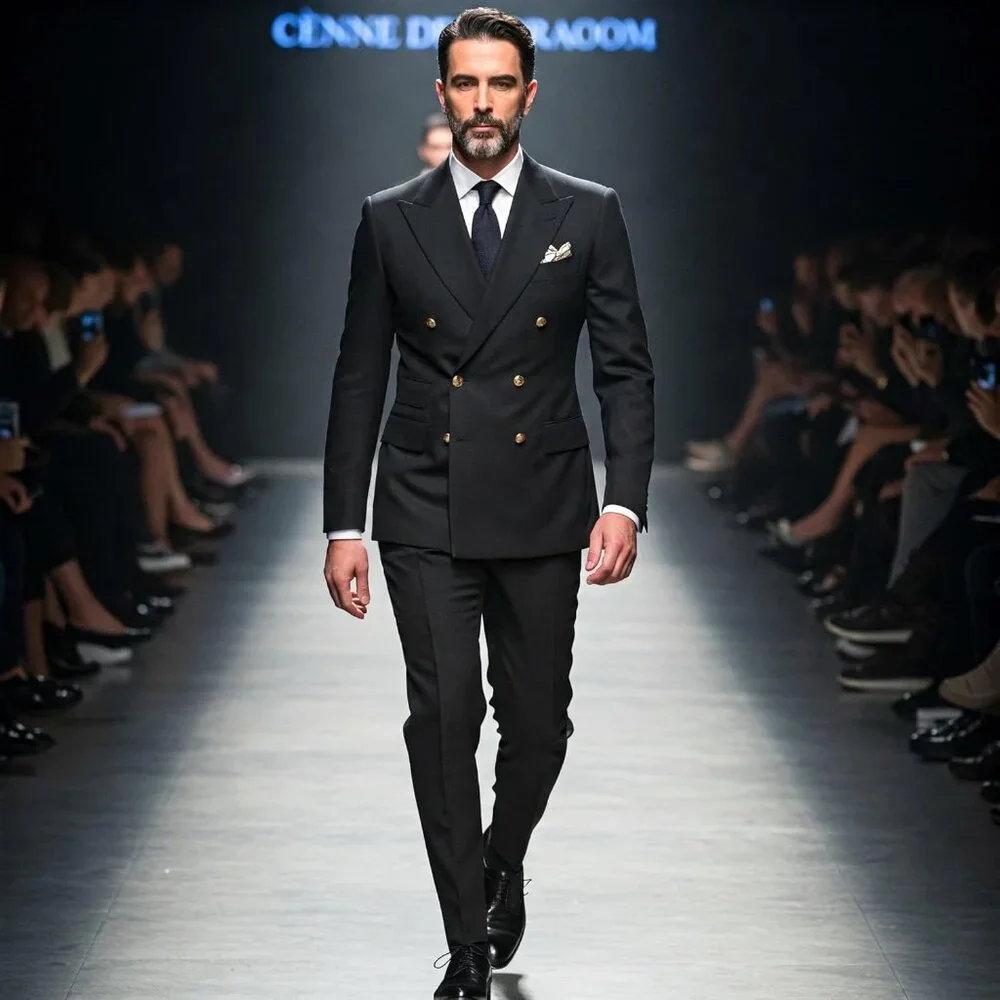 Men's Slim Fit 2 Piece Suit Double Breasted Business Wedding Prom Tuxedo Suits B - Picture 3 of 8